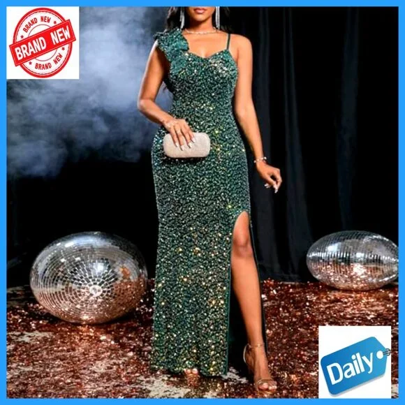 Sequin Mermaid Dress Elegant Bodycon Formal Evening Gown High Split Ruffled Hem